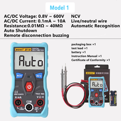 Multímetro portátil 600 V 10 A 40 MΩ 4 µF 10 MHz. Rango de temperatura: -20 °C a 1000 °C. Rango automático. NCV. Cable vivo. Cable neutro. Apagado automático. Desconexión remota con zumbador. 