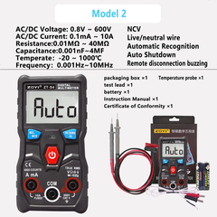 Multímetro portátil 600 V 10 A 40 MΩ 4 µF 10 MHz. Rango de temperatura: -20 °C a 1000 °C. Rango automático. NCV. Cable vivo. Cable neutro. Apagado automático. Desconexión remota con zumbador. 