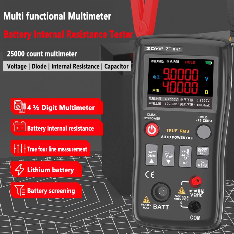 Multímetro de 4 ½ dígitos con medidor de impedancia de batería y medición de cuatro líneas reales. Mide voltaje, diodos, resistencia interna, capacitancia y componentes electrónicos. 