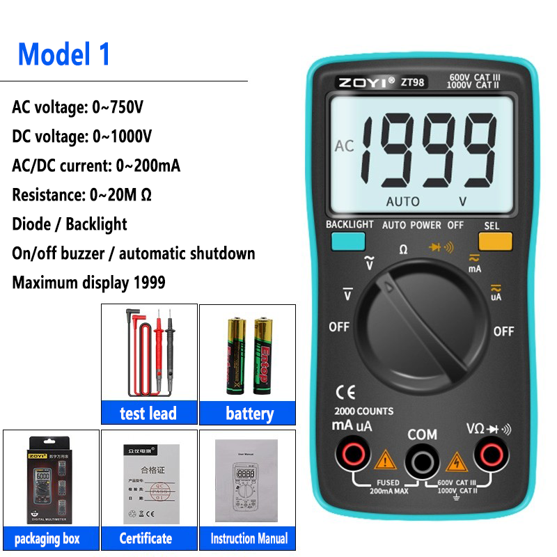 Multímetro portátil AC 750V DC 1000V 200mA 10A capacitancia 200μF True-RMS Multímetro digital multifunción Pantalla LCD retroiluminada 