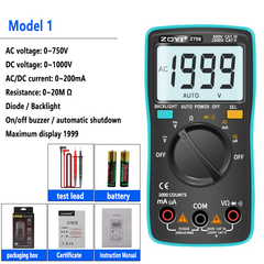 Multímetro portátil AC 750V DC 1000V 200mA 10A capacitancia 200μF True-RMS Multímetro digital multifunción Pantalla LCD retroiluminada 
