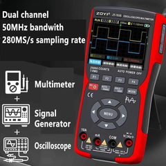 Osciloscopio, fuente de señal y multímetro 3 en 1, banda de 50 MHz, doble canal, frecuencia de muestreo de 280 MS/s, formas de onda precisas, 250 MΩ, 100 µF True-RMS. 