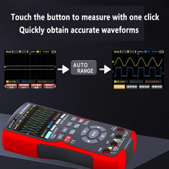 Osciloscopio, fuente de señal y multímetro 3 en 1, banda de 50 MHz, doble canal, frecuencia de muestreo de 280 MS/s, formas de onda precisas, 250 MΩ, 100 µF True-RMS. 