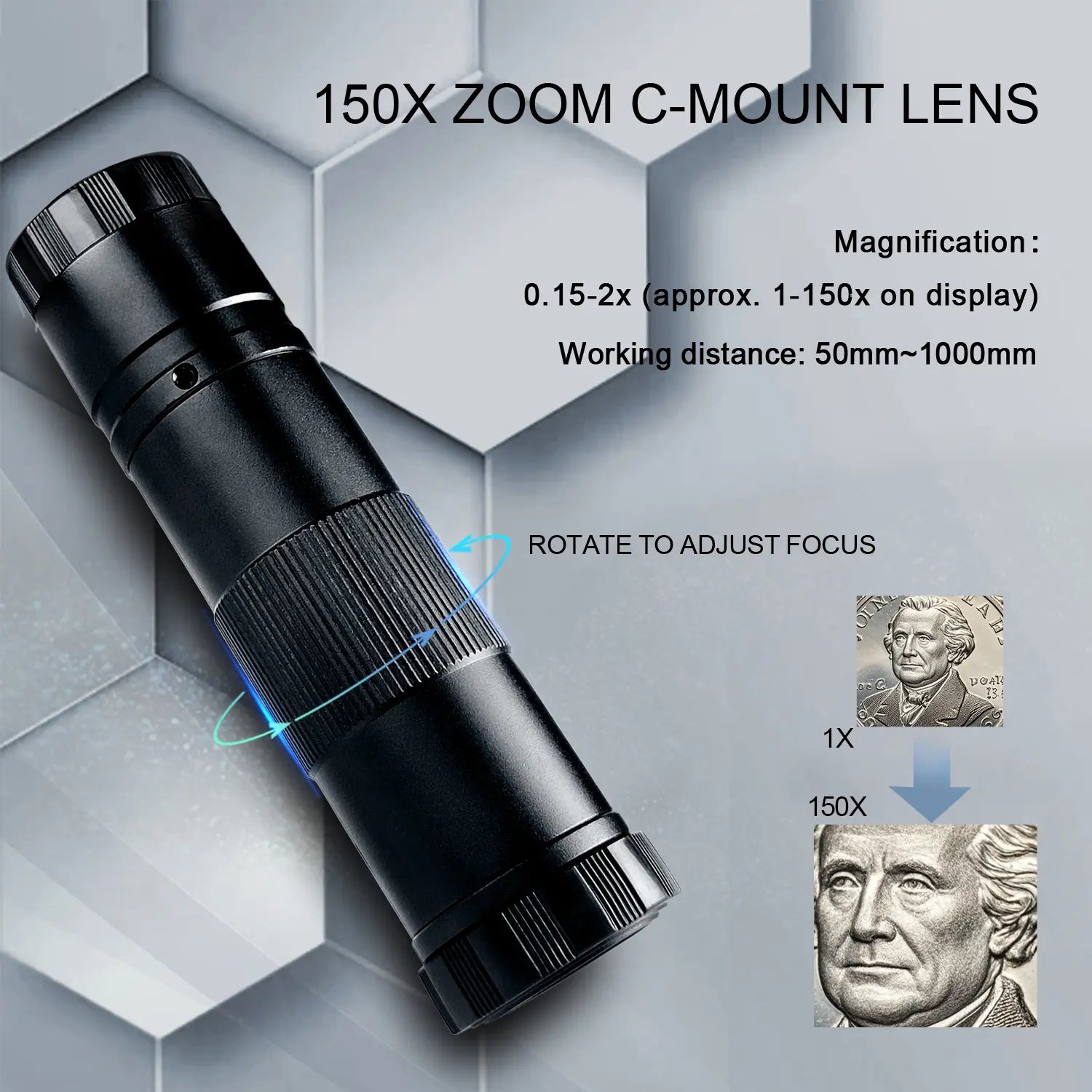 YIZHAN 150X C-Mount Microscope Lens, High Magnification Optical Zoom Lens for PCB Inspection, Electronics Repair and Precision Soldering Work
