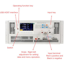 DC electronic load front panel details, LCD display, function keys and USB interface for digital battery tester