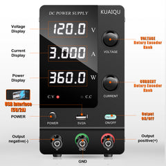 Alimentation CC KUAIQU SPPS-C1203-Black 120 V 3 A Bouton de tension et de courant individuel Mode CC/CV Test de charge de petite et moyenne puissance