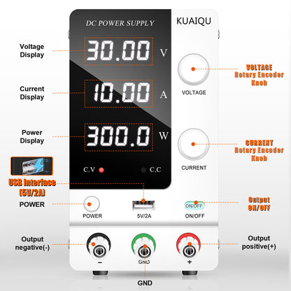 Essential for testing 30V 10A DC Power Supply White KUAIQU SPPS-C3010 USB 5V2A & CV/CC mode