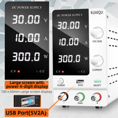Esencial para probar la fuente de alimentación CC de 30 V 10 A blanca KUAIQU SPPS-C3010 USB 5 V 2 A y modo CV/CC